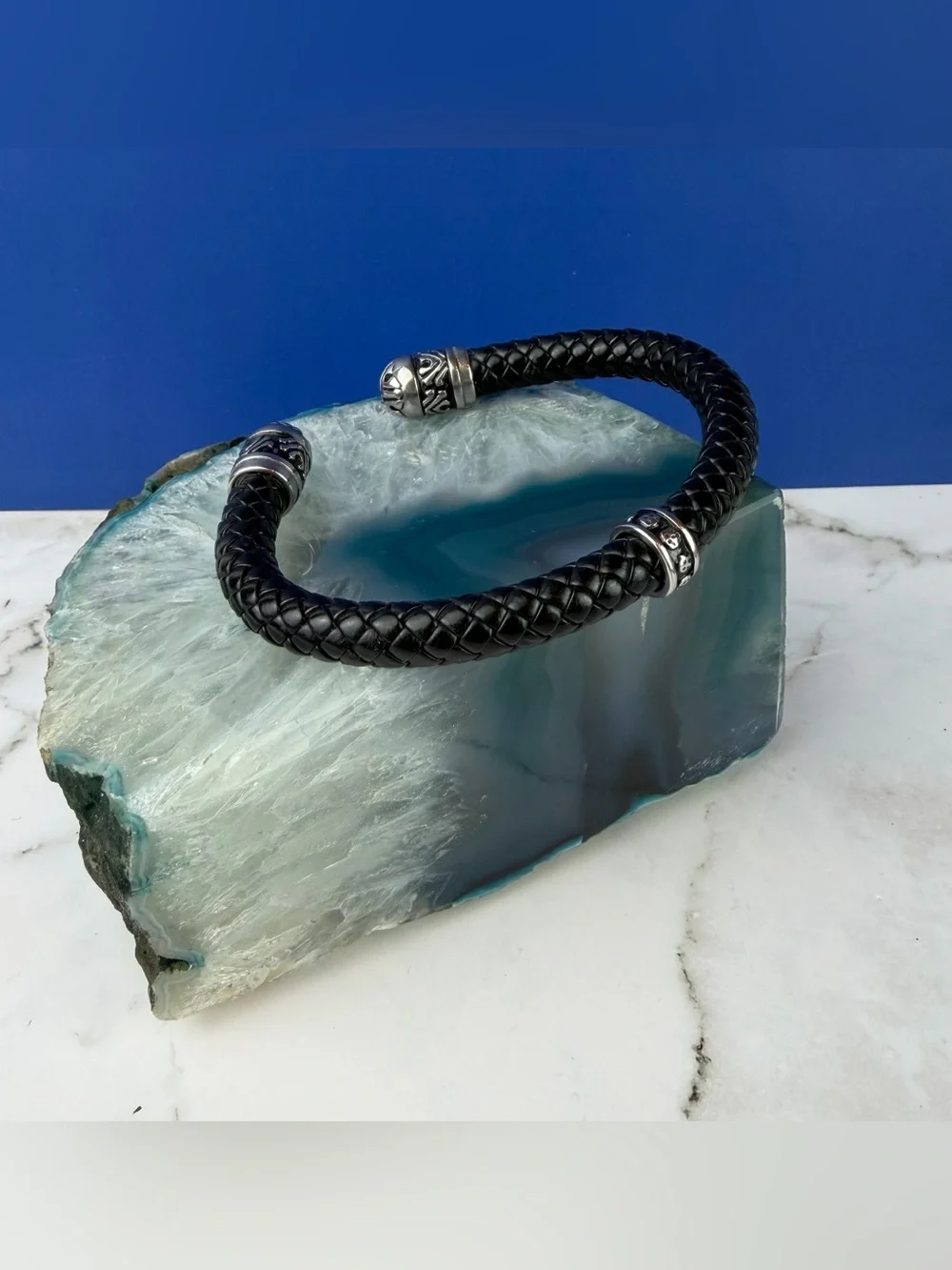 Men's Black Braided Leather & Stainless Steel Open Cuff Bracelet – Carved Finial